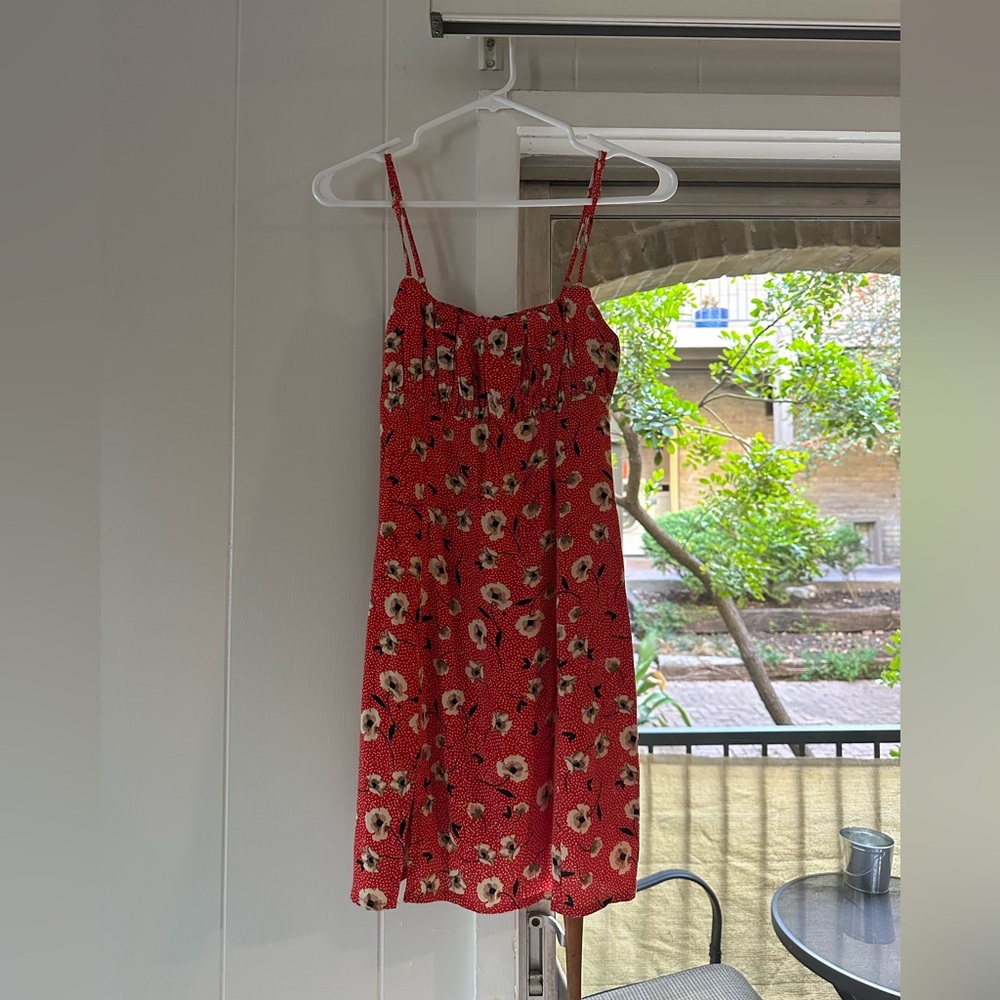 Red Floral Mini Dress with small thigh slit